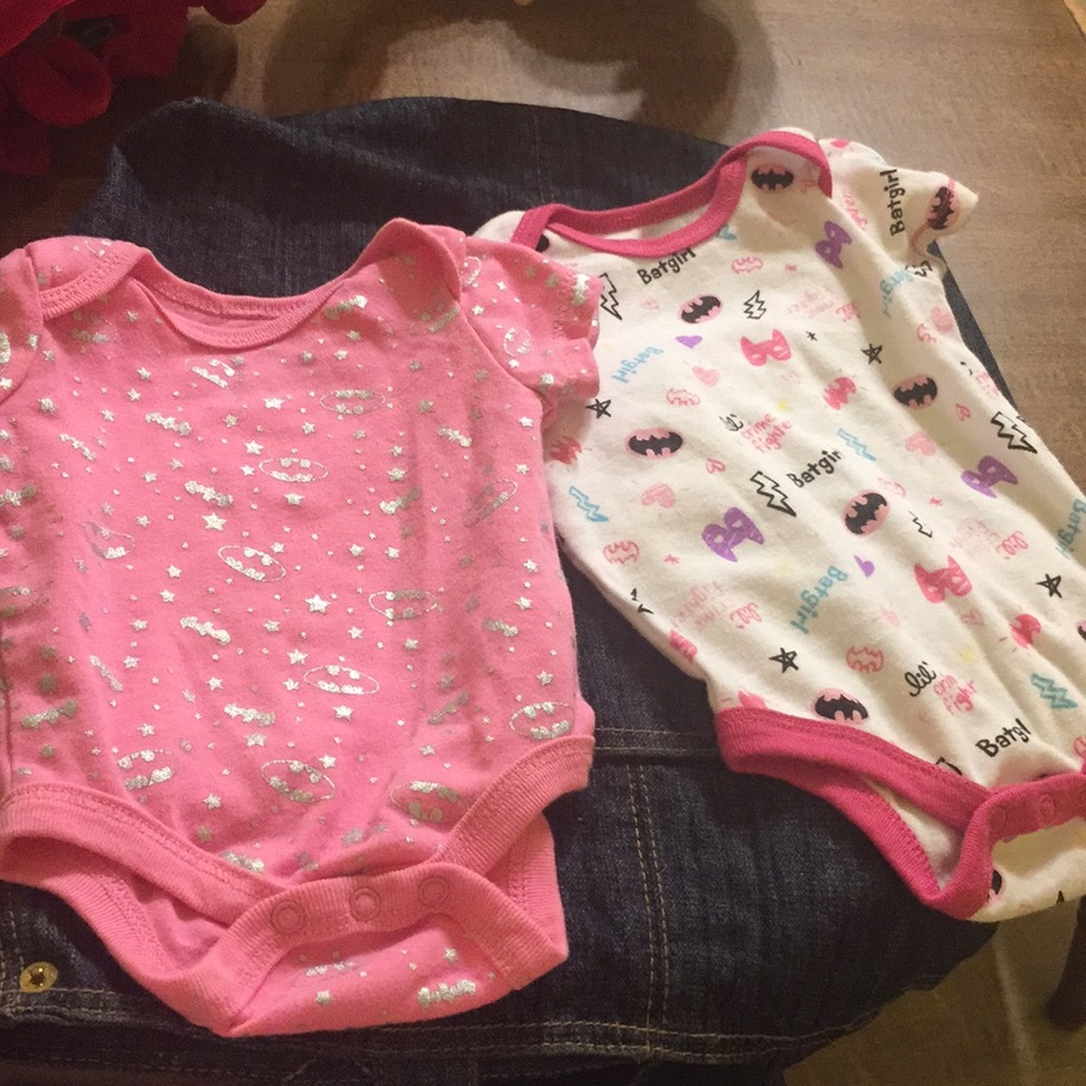 2 Batman onesies pink one/nb, white one/ 0/3months